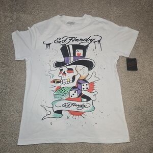 NWT Ed by Ed Hardy Skull Top Hat T-Shirt – White – Size Small